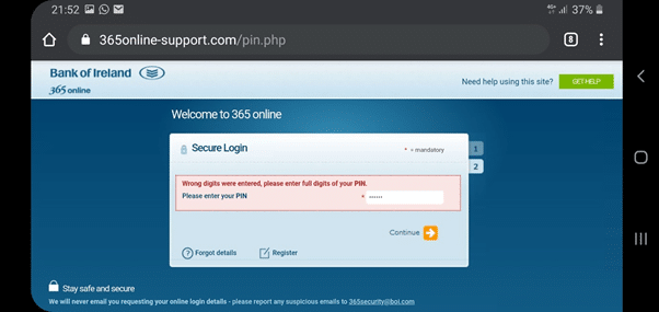Screenshot of fake BOI login page from SMS phishing campaign, social engineering tricks user into entering full PIN